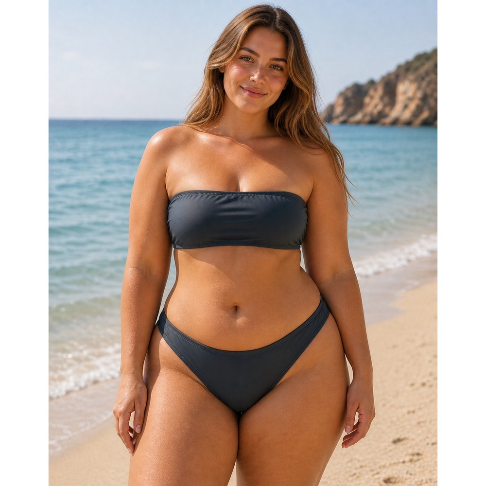 SKIMS Shaping Swim Bandeau Top + Dipped Bikini Bottom Gunmetal Womens 2X - Picture 7 of 14